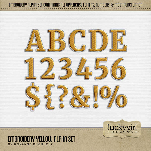 Whether you love to stitch or sew, this alpha set filled with alphabet letters, numbers, and most punctuation will help you document your favorite hobby or pastime - sewing, stitching, embroidering, or crafting. Alpha Sets are the perfect was to create unique digital scrapbooking page titles! Great for winter pages, too! This alpha set consists of a full set of digital art uppercase alphabet letters A-Z, numbers 0-9, and most punctuation marks. This alpha set is available as individual embellishments only. 