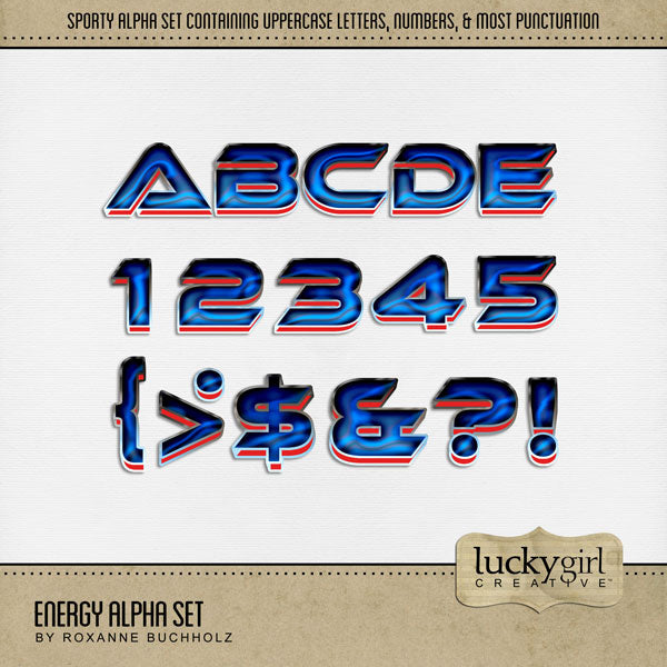 Add these sporty and energetic blue and red letters, numbers, and punctuation by Lucky Girl Creative digital art to all your digital scrapbooking pages and mix-and-match them on various projects throughout the year! Great for sports, school, amusement park and theme park adventure, and more! The Victory Alpha Set consists of a full set of digital art uppercase alphabet letters A-Z, numbers 0-9, and most punctuation marks. 