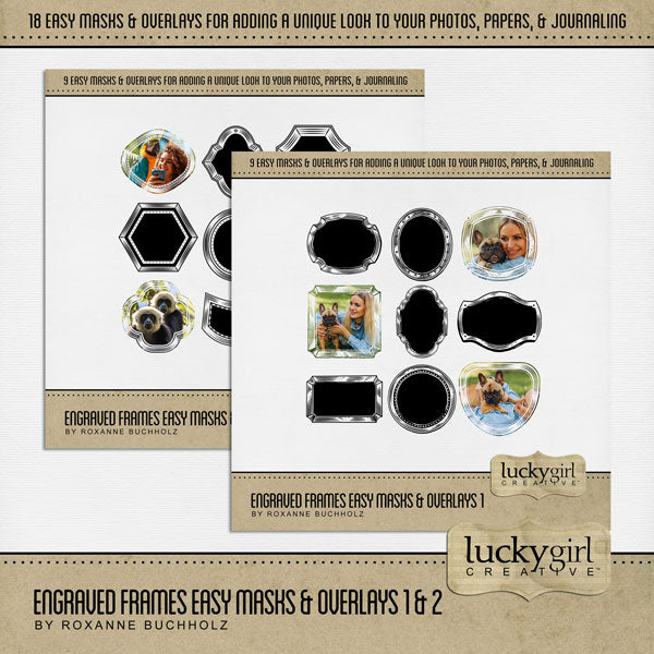 Create your own unique framed photo effects with these vintage-inspired engraved easy masks & overlays by Lucky Girl Creative digital art that will add a subtle or bold effect to your digital scrapbooking pages. Fill the masks with your favorite color, photo, or paper. Great for family history, genealogy, and wedding pages, too! In Photoshop, add the photo mask to your page, overlay with your favorite photo or digital paper, and create a clipping path for a stunning result.