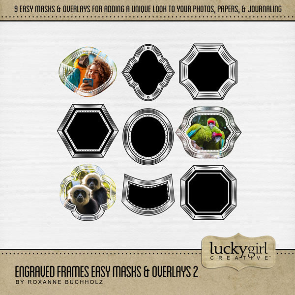 Create your own unique framed photo effects with these vintage-inspired engraved easy masks & overlays by Lucky Girl Creative digital art that will add a subtle or bold effect to your digital scrapbooking pages. Fill the masks with your favorite color, photo, or paper. Great for family history, genealogy, and wedding pages, too! In Photoshop, add the photo mask to your page, overlay with your favorite photo or digital paper, and create a clipping path for a stunning result. 