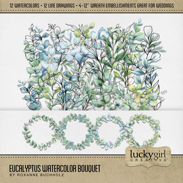 Capture the special moments of your wedding or flower garden with this mix of watercolor and hand drawn eucalyptus by Lucky Girl Creative digital art. Great for wedding invitations, save the date cards, albums, decor, and even spring and summer pages, too! This kit is included in the Flower Watercolor Bouquet Bundle 1.