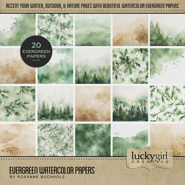 Perfect for Christmas, winter, preserving family traditions, and outdoors and nature, this digital art watercolor paper pack by Lucky Girl Creative will add the perfect touch of charm to all your digital scrapbooking pages. Background paper scenes include evergreen forest, pine forest, trees, spruce branches, pine, leaves, and abstract watercolor papers in green and brown. This paper kit is NOT included in any bundle.