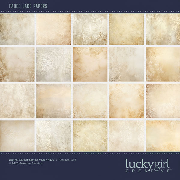 With grunge lace textures, these digital scrapbooking background papers by Lucky Girl Creative digital art will add that touch of interest and authenticity to all your pages. Great for family history, genealogy, and wedding pages. This kit is included in the Paper Duo Faded Lace Kit.