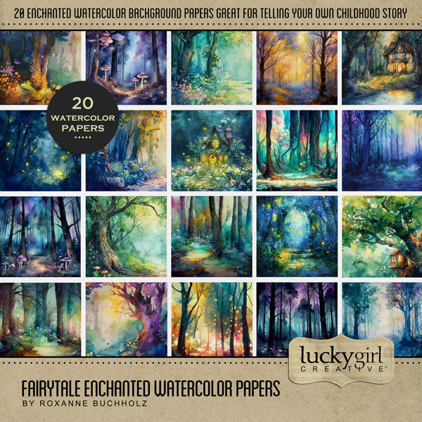 Capture the fairytale moments of childhood with these enchanted forest watercolor background papers by Lucky Girl Creative digital art for digital scrapbooking. Great for outdoor, nature, and Halloween scary pages, too! Papers include trees, forest, path, mushrooms, fireflies, treehouse, fairy tale cottage, and more. This kit is NOT included in any bundle.