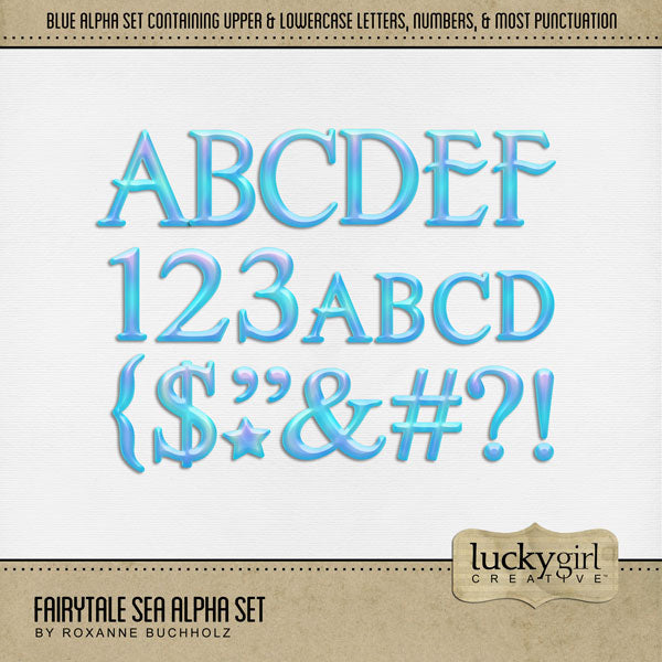 These ocean blue alphabet and number digital scrapbooking embellishments by Lucky Girl Creative digital art are easy to use for everyday digital scrapbook page titles and vacations to the beach, ocean, and seaside. The Fairytale Sea Alpha Set consists of a full set of digital art uppercase alphabet letters A-Z, lowercase letters a-z, numbers 0-9, and most punctuation marks. This alpha set is available as individual embellishments only. This kit is included in the Fairytale Watercolor Sea Bundle.