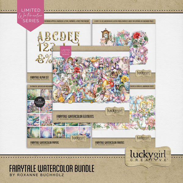 Capture the fairytale moments of childhood with this beautiful, watercolor kit filled with fantasy embellishments, clusters, papers, and golden alpha set by Lucky Girl Creative digital art designed for a princess. Great for little girls, baby, and Mother's Day! Fairy tale embellishments include bluebird, chickadee, bird, butterfly, dragon, elk, goose, horse, mouse, sheep, swan, unicorn, beanstalk, pea, canopy bed, book, candelabra, candle, carriage, castle, tower, chandelier, grandfather clock, crown, tiara