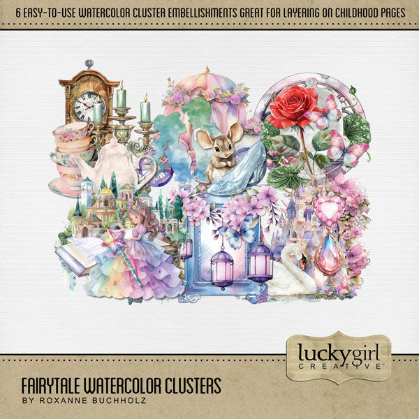 Capture the fairytale moments of childhood with these beautiful, watercolor clusters by Lucky Girl Creative digital art. Great for little girls and Mother's Day! This kit is included in the Fairytale Watercolor Bundle.
