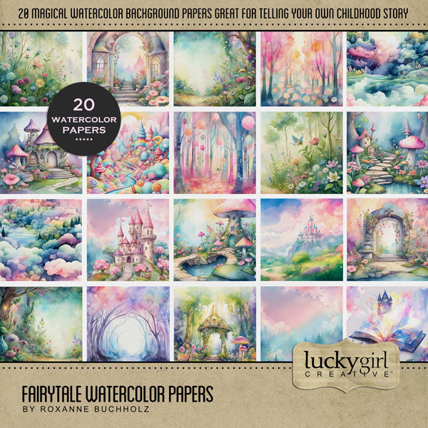 Capture the fairytale moments of childhood with these beautiful, watercolor background papers by Lucky Girl Creative digital art. Great for little girls and Mother's Day! Fairy tale backgrounds include castle, garden, stairs, enchanted forest, storybook, mushrooms, gate, and more. This kit is included in the Fairytale Watercolor Bundle.