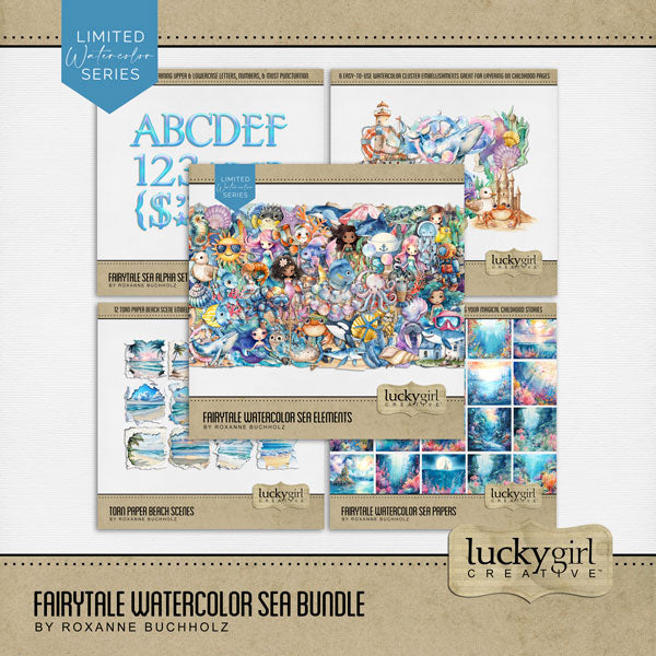 Capture the fairytale moments of childhood with these easy-to-use beautiful, watercolor under the sea fantasy embellishments, papers, clusters, and water alpha set by Lucky Girl Creative digital art for digital scrapbooking. Great for little girls and vacations to the beach, ocean, and seaside. Great for little girls and vacations to the beach, ocean, and seaside. Fairy tale embellishments include seagull, crab, dolphin, fish, puffer fish, jellyfish, lobster, octopus, sea turtle, seahorse, seal, shark