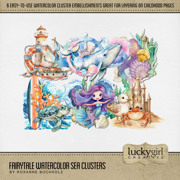 Capture the fairytale moments of childhood with these beautiful, watercolor under the sea clusters by Lucky Girl Creative digital art. Great for little girls and Mother's Day! This kit is included in the Fairytale Watercolor Sea Bundle.