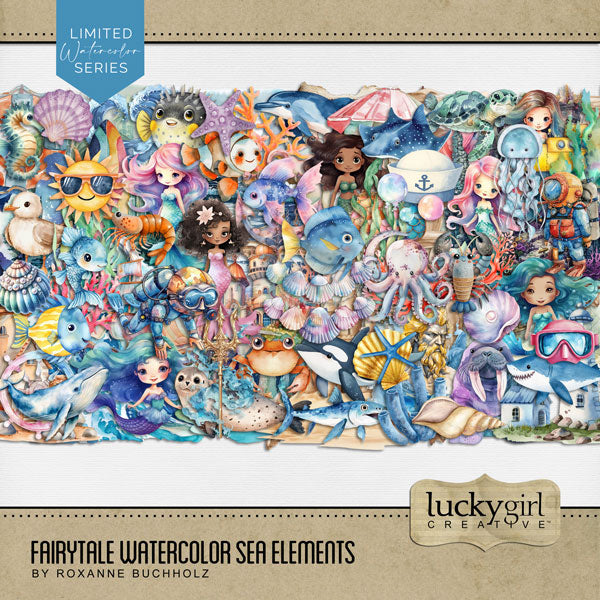 Capture the fairytale moments of childhood with these easy-to-use beautiful, watercolor under the sea fantasy embellishments by Lucky Girl Creative digital art for digital scrapbooking. Great for little girls and vacations to the beach, ocean, and seaside. Fairy tale embellishments include seagull, crab, dolphin, fish, puffer fish, jellyfish, lobster, octopus, sea turtle, seahorse, seal, shark, shrimp, stingray, walrus, whale, Orca, beach umbrella, bubbles, coral, driftwood, wave, life buoy, lighthouse, map