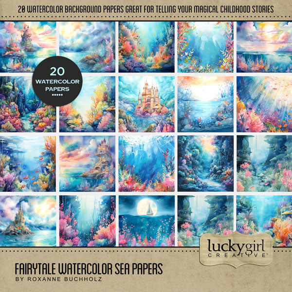 Capture the beauty of your tropical vacation with these beautiful fantasy under the sea background papers by Lucky Girl Creative digital art for digital scrapbooking. Great for beach, ocean, scuba diving, and snorkeling, too! This kit is included in the Fairytale Watercolor Sea Bundle.