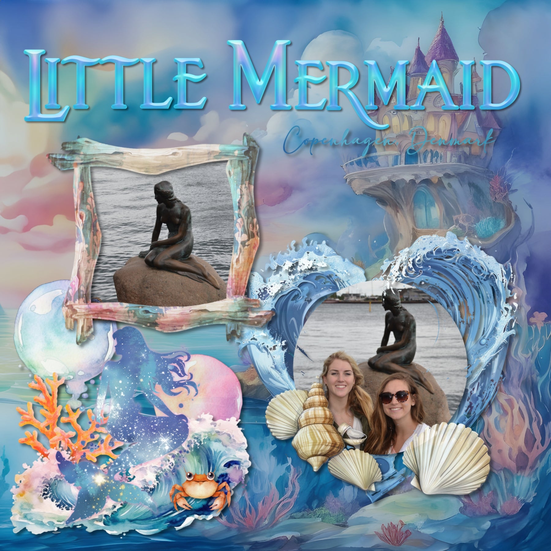 Capture the fairytale moments of childhood with these easy-to-use beautiful, watercolor under the sea fantasy embellishments, papers, clusters, and water alpha set by Lucky Girl Creative digital art for digital scrapbooking. Great for little girls and vacations to the beach, ocean, and seaside. Great for little girls and vacations to the beach, ocean, and seaside. Fairy tale embellishments include seagull, crab, dolphin, fish, puffer fish, jellyfish, lobster, octopus, sea turtle, seahorse, seal, shark