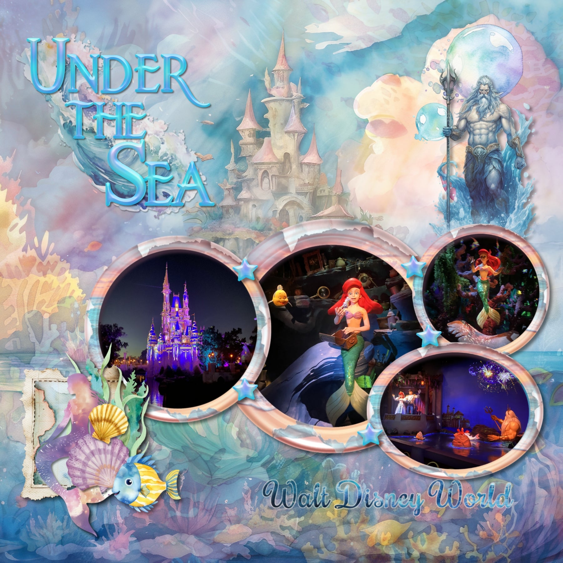 Capture the fairytale moments of childhood with these easy-to-use beautiful, watercolor under the sea fantasy embellishments, papers, clusters, and water alpha set by Lucky Girl Creative digital art for digital scrapbooking. Great for little girls and vacations to the beach, ocean, and seaside. Great for little girls and vacations to the beach, ocean, and seaside. Fairy tale embellishments include seagull, crab, dolphin, fish, puffer fish, jellyfish, lobster, octopus, sea turtle, seahorse, seal, shark