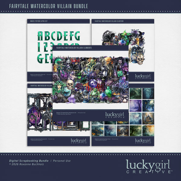 Capture the fairytale moments of childhood with this watercolor fantasy bundle by Lucky Girl Creative digital art filled with fantasy fairytale villain embellishments, clusters, papers, and magical alpha set - great for Halloween digital scrapbooking pages! Fairy tale embellishments include crow, blackbird, cat, goat, octopus, owl, snake, black swan, apple, banshee, book, candelabra, candle, cape, castle, cauldron, black cloud, crown, cross, crypt, crystal ball, crystals, curtain, drapes, gothic door