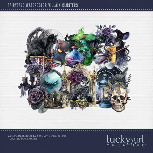 Capture the fairytale moments of childhood with these easy-to-use, watercolor cluster embellishments by Lucky Girl Creative digital art great for creating unique Halloween digital scrapbook pages. This kit is included in the Fairytale Watercolor Villain Bundle.