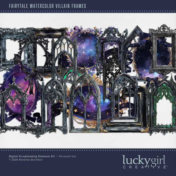 Capture the fairytale moments of childhood with this enchanted watercolor frame embellishments kit by Lucky Girl Creative digital art great for creating unique Halloween digital scrapbook pages. This kit is included in the Fairytale Watercolor Villain Bundle.