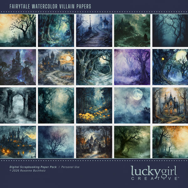 Capture the fairytale moments of childhood with this enchanted watercolor paper pack by Lucky Girl Creative digital art great for creating unique Halloween digital scrapbook pages. This kit is included in the Fairytale Watercolor Villain Bundle.