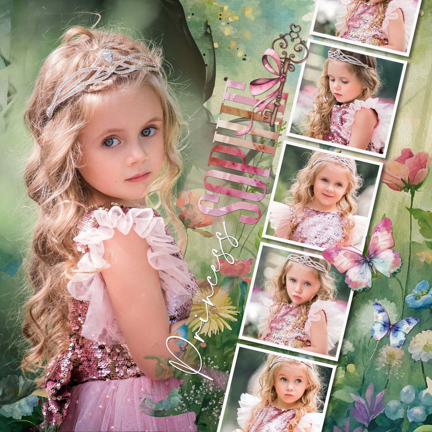 Capture the fairytale moments of childhood with this beautiful, watercolor kit filled with fantasy embellishments, clusters, papers, and golden alpha set by Lucky Girl Creative digital art designed for a princess. Great for little girls, baby, and Mother's Day! Fairy tale embellishments include bluebird, chickadee, bird, butterfly, dragon, elk, goose, horse, mouse, sheep, swan, unicorn, beanstalk, pea, canopy bed, book, candelabra, candle, carriage, castle, tower, chandelier, grandfather clock, crown, tiara