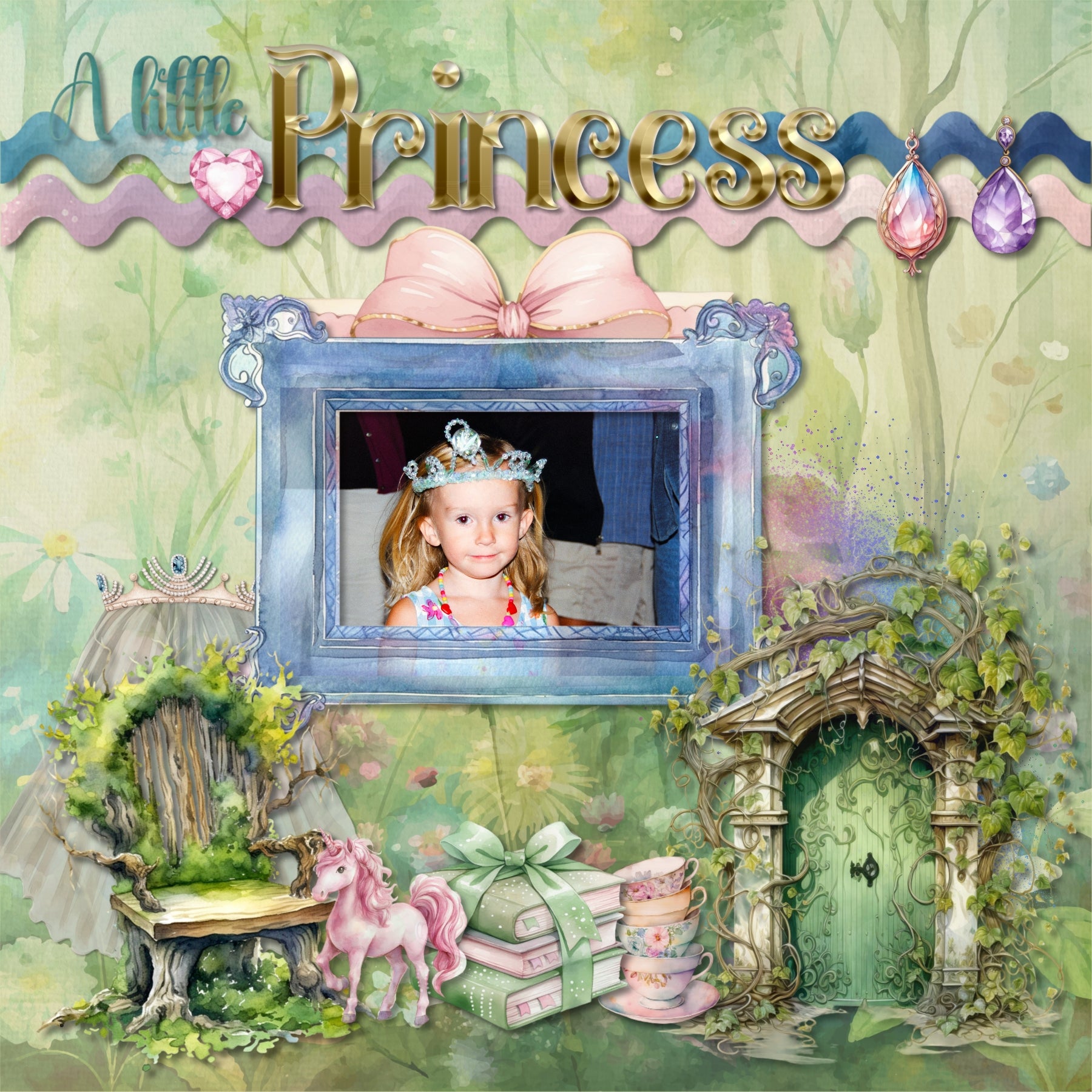 Capture the fairytale moments of childhood with this beautiful, watercolor kit filled with fantasy embellishments, clusters, papers, and golden alpha set by Lucky Girl Creative digital art designed for a princess. Great for little girls, baby, and Mother's Day! Fairy tale embellishments include bluebird, chickadee, bird, butterfly, dragon, elk, goose, horse, mouse, sheep, swan, unicorn, beanstalk, pea, canopy bed, book, candelabra, candle, carriage, castle, tower, chandelier, grandfather clock, crown, tiara
