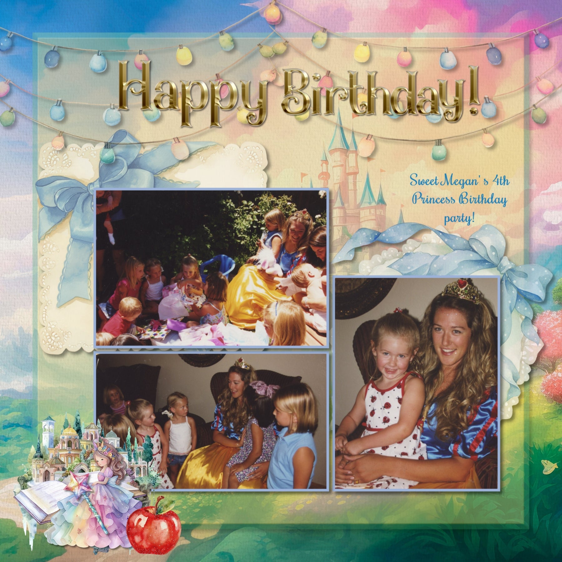 Capture the fairytale moments of childhood with this beautiful, watercolor kit filled with fantasy embellishments, clusters, papers, and golden alpha set by Lucky Girl Creative digital art designed for a princess. Great for little girls, baby, and Mother's Day! Fairy tale embellishments include bluebird, chickadee, bird, butterfly, dragon, elk, goose, horse, mouse, sheep, swan, unicorn, beanstalk, pea, canopy bed, book, candelabra, candle, carriage, castle, tower, chandelier, grandfather clock, crown, tiara