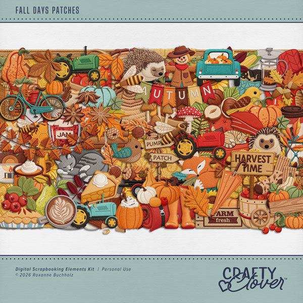 Celebrate the cozy charm of autumn with playful embroidered patch embellishments by Crafty Clover digital art! Featuring finely stitched patch designs, these fun, fall digital embellishments are perfect for adding a touch of fall magic to your creative projects. Whether you're capturing pumpkin patch adventures, apple-picking outings, hayrides, Halloween fun, or those beautiful crisp autumn days, these delightful embellishments bring seasonal personality and playful charm to every page.