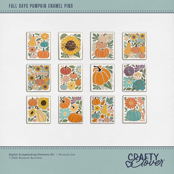 Celebrate the beauty of autumn with the Fall Days Pumpkin Enamel Pins Digital Scrapbook Kit by Crafty Clover digital art! Each enamel pin captures the magic of autumn, blending cheerful pumpkins with pretty floral accents for a sweet, stylish look. Perfect for fall scrapbook layouts, Thanksgiving memories, pumpkin patch adventures, and greeting cards, these decorative digital pins add the perfect finishing touch to your designs. Whether you're capturing crisp autumn days, celebrating harvest time, or simply