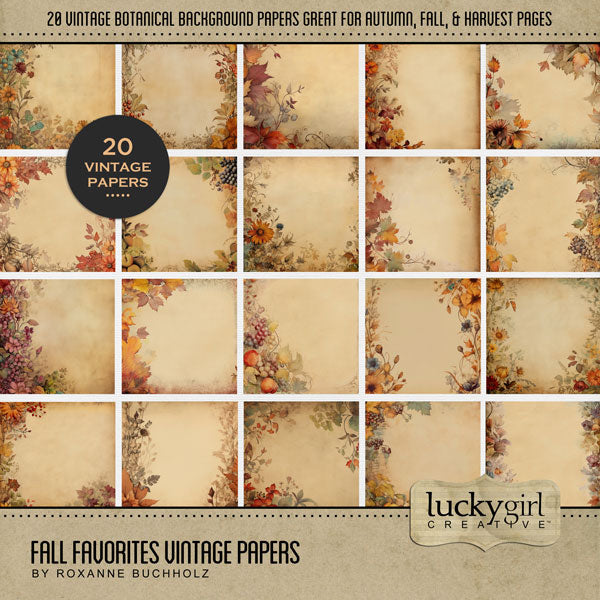 Enjoy the autumn season with these warm seasonal digital scrapbooking background papers by Lucky Girl Creative digital art. Great for fall, Thanksgiving, visits to the pumpkin patch, outdoor, and nature walk pages. The vintage backgrounds feature botanicals, florals, and seasonal leaves. This kit is included in the Fall Favorites Papers Bundle.