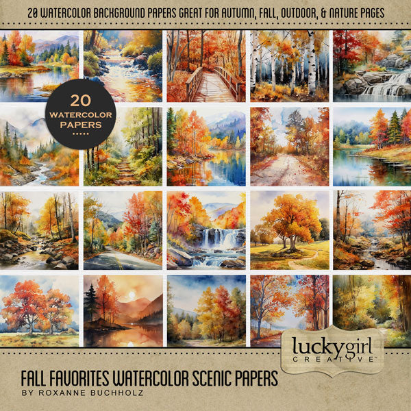 Enjoy the autumn season with these warm seasonal digital scrapbooking background papers by Lucky Girl Creative digital art. Great for fall, Thanksgiving, outdoor and nature walk pages. The landscape backgrounds feature forest, seasonal colors, river, stream, bridge, waterfall, lake, highway, and trees. This kit is included in the Fall Favorites Papers Bundle.