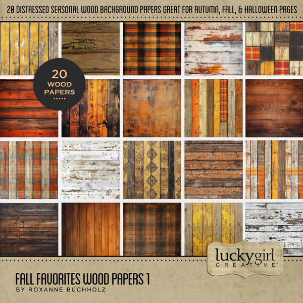 Enjoy the autumn season with these warm seasonal digital scrapbooking background papers by Lucky Girl Creative digital art. Great for fall, visiting the pumpkin patch, Thanksgiving, and Halloween pages. The wood backgrounds feature tones of brown, orange, and yellow with a mix of damask and plaid patterns. This kit is included in the Fall Favorites Papers Bundle.