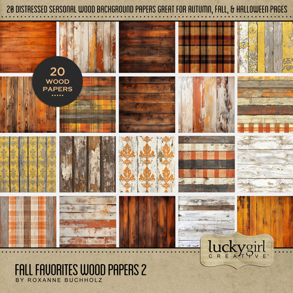 Enjoy the autumn season with these warm seasonal digital scrapbooking background papers by Lucky Girl Creative digital art. Great for fall, visiting the pumpkin patch, Thanksgiving, and Halloween pages. The wood backgrounds feature tones of brown, orange, and yellow with a mix of damask and plaid patterns. This kit is included in the Fall Favorites Papers Bundle.