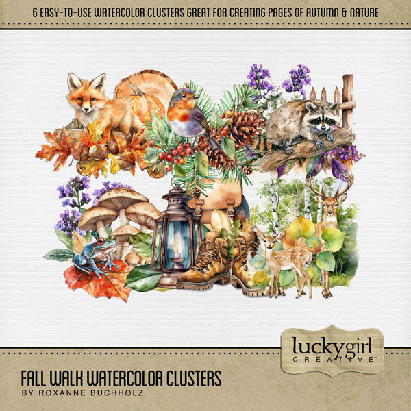 Enjoy the autumn season with these warm digital scrapbooking cluster embellishments by Lucky Girl Creative digital art that can be used for create fast-and-easy pages or seasonal greeting cards. Great for fall, outdoor and nature, Thanksgiving, and more. This kit is included in the Fall Walk Watercolor Bundle.