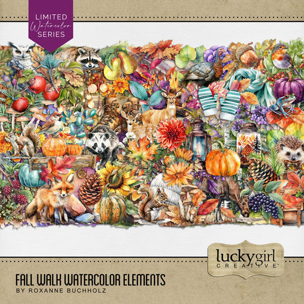 Enjoy the autumn season with these warm digital scrapbooking watercolor embellishments, papers, clusters, and journaling cards by Lucky Girl Creative that can be used for create beautiful pages or seasonal greeting cards. Great for fall, outdoor and nature, Thanksgiving, and more. Embellishments include acorn, leaf, leaves, badger, animal, woodland, bird, chickadee, owl, turkey, deer, fawn, stag, fox, frog, hedgehog, moose, raccoon, squirrel, backpack, berry, berries, birch tree, blanket, campfire, and more