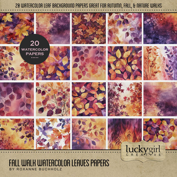 Enjoy the autumn season with these warm seasonal digital scrapbooking background falling leaf papers in tones of orange, purple, and yellow by Lucky Girl Creative digital art. Great for fall, Thanksgiving, outdoor, and nature walk pages. This kit is included in the Fall Walk Watercolor Bundle.