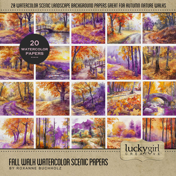 Enjoy the autumn season with these warm seasonal digital scrapbooking background papers in tones of orange, purple, and yellow by Lucky Girl Creative digital art. Great for fall, Thanksgiving, outdoor, and nature walk pages. The landscape backgrounds feature forest, seasonal colors, river, stream, bridge, lake, mountains, and trees. This kit is included in the Fall Walk Watercolor Bundle.