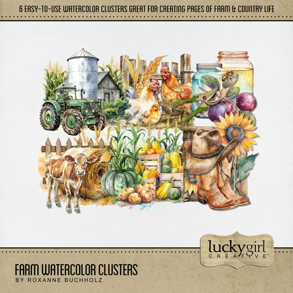 These easy-to-use digital scrapbooking watercolor embellishment clusters by Lucky Girl Creative digital art are great for documenting your memories of life on the farm, the ranch, barnyard animals, canning, being a farmer or a cowboy! Embellishments include tractor, silo, chickens, mason jars, cowboy boots, cowboy hat, sunflower, gourds, pumpkin, cow, and hay. This kit is included in the Farm Watercolor Bundle.
