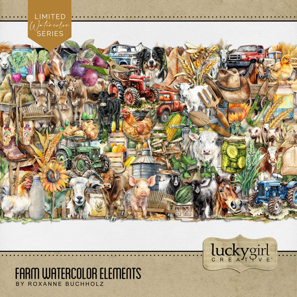 Whether you love to spend your time on the farm, the ranch, growing crops, or enjoy barnyard animals and the garden, this beautiful watercolor digital scrapbooking collection by Lucky Girl Creative digital art will help you document your memories. Embellishments include bull, cow, chicken, hen, rooster, chick, bunny rabbit, nest, cattle, Border Collie dog, goat, horse, bee, bug, insect, pig, hog, sheep, barn door, barn, farmhouse, window, shed, chicken coop, clothespin, crop, corn, field, cowboy, and more.