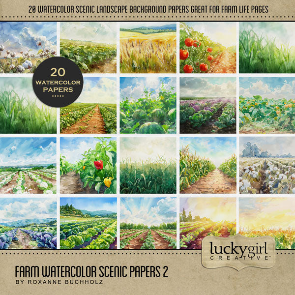 Whether you love to spend your time on the farm, the ranch, enjoying your barnyard animals, or tending to your garden, this beautiful watercolor background paper collection by Lucky Girl Creative digital art for digital scrapbooking will help you document your memories. Scenic landscapes include crops, fields, corn, wheat, cabbage, tomatoes, cotton, watermelon, squash, cauliflower, beets, and everything a farmer would love. This kit is included in the Farm Watercolor Bundle.