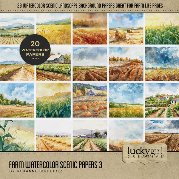 Whether you love to spend your time on the farm, the ranch, enjoying your barnyard animals, or tending to your garden, this beautiful watercolor background paper collection by Lucky Girl Creative digital art for digital scrapbooking will help you document your memories. Scenic landscapes include crops, fields, corn, wheat, pumpkin, hay, cabbage, potatoes, and everything a farmer would love. This kit is included in the Farm Watercolor Bundle.