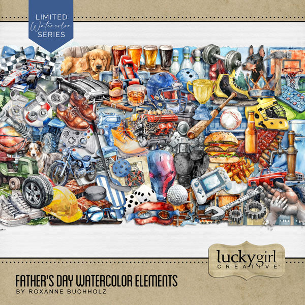 Add a touch of warmth to your Father's Day digital scrapbooking pages with these fun watercolor embellishments by Lucky Girl Creative digital art featuring gaming, sports, grilling, racing, and more! Embellishments include all terrain vehicle, ATV, quad, dog, Aussie, Doberman, Golden Retriever, clothing, clothes, belt, sport coat, jacket, bow tie, baseball cap, denim blue jeans, flannel plaid shirt, shoes, sorts, sneakers, work boots, laptop computer, office building, downtown, beer bottle, and more.
