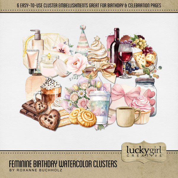 Celebrate the woman and girl in your life with these easy-to-use feminine watercolor cluster embellishments by Lucky Girl Creative digital art for digital scrapbooking. Embellishments include spa, makeup, candle, lotion, wine, cheese, book, cupcake, coffee, cookie, chocolate, cake, flowers, bouquet, party hat, sunglasses, flower, and more. This kit is included in the Feminine Birthday Watercolor Bundle.
