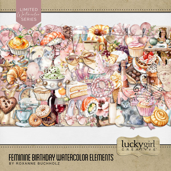 Celebrate the woman or girl in your life with these feminine watercolor embellishments by Lucky Girl Creative digital art for digital scrapbooking. Great for birthday, girls night out, celebrations, and other girly activities. Embellishments include kitty, cat, balloon, banner, bunting, bathtub, book, bouquet, flowers, cake, candle, chair, clipboard, dress, confetti, streamer, crown, champagne, coffee, wine, envelope, avocado toast, Bundt cake, cheese, chocolate, strawberries, cookie, dessert, croissant