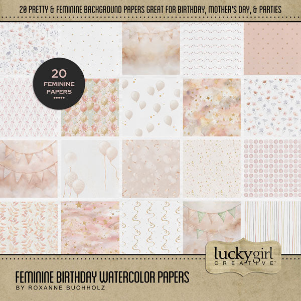 Celebrate the woman or girl in your life with these feminine watercolor papers by Lucky Girl Creative digital art for digital scrapbooking in tones of pink and gold. Great for birthday, anniversary, Mother's Day, Girls Night Out, and even New Year! This kit is included in the Feminine Birthday Watercolor Bundle.