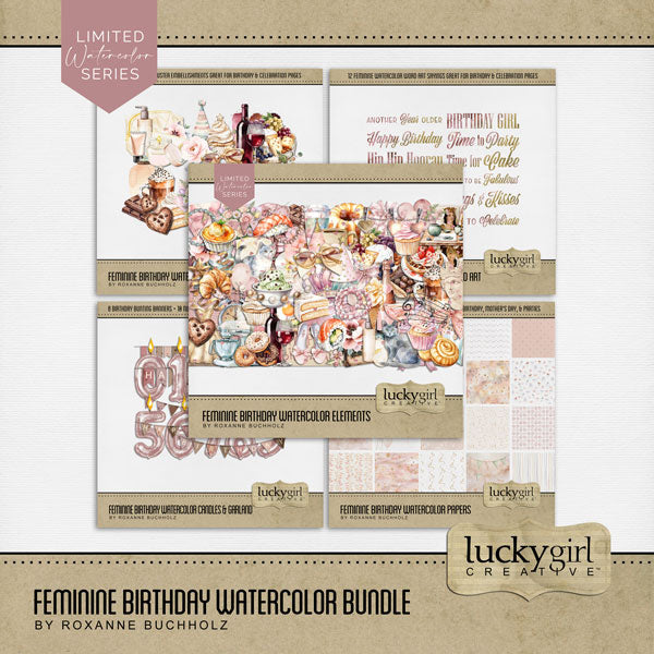 Celebrate the woman or girl in your life with these feminine watercolor embellishments, papers, word art, and clusters by Lucky Girl Creative digital art for digital scrapbooking. Great for birthday, girls night out, celebrations, and other girly activities. Embellishments include kitty, cat, balloon, banner, bunting, bathtub, book, bouquet, flowers, cake, candle, chair, clipboard, dress, confetti, streamer, crown, champagne, coffee, wine, envelope, avocado toast, Bundt cake, cheese, chocolate, strawberries