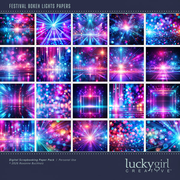 Have fun with these bokeh papers by Lucky Girl Creative digital art in purple and blue! Perfect for music concerts, festivals, comedy clubs and karaoke, as well as school and theater performances. With glowing bokeh lights, these papers are a wonderful backdrop for your digital scrapbooking pages. This kit is included in the Festival Papers & Pins Bundle.