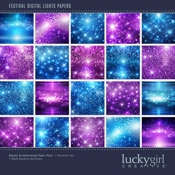 Have fun with these digital lights papers by Lucky Girl Creative digital art in purple and blue! Perfect for music concerts, festivals, comedy clubs and karaoke, as well as school and theater performances. With sparkling digital lights, these papers are a wonderful backdrop for your digital scrapbooking pages. This kit is included in the Festival Papers & Pins Bundle.