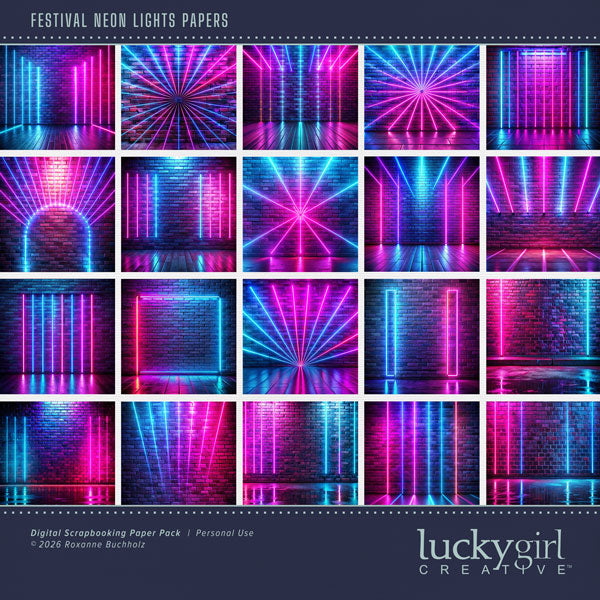 Have fun with these neon lights papers by Lucky Girl Creative digital art in purple and blue! Perfect for music concerts, festivals, comedy clubs and karaoke, as well as school and theater performances. With glowing neon lights against a brick background, these papers are a wonderful backdrop for your digital scrapbooking pages. This kit is included in the Festival Papers & Pins Bundle.