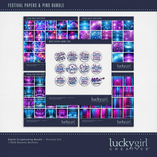 Have fun with these music themed enamel pins and festival lights papers by Lucky Girl Creative digital art in purple and blue! Perfect for music concerts, festivals, comedy and karaoke nights, as well as school and theater performances. Digital scrapbooking papers include bokeh lights, digital lights, neon lights, and stage lights. Embellishments include All You Need is Love and Music, Burt First Country Music, Life is Better with Music, Make Some Noise, Music Can Change the World, Music Festival, Music is 