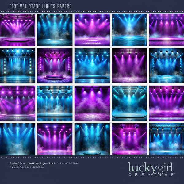 Have fun with these dramatic stage papers by Lucky Girl Creative digital art in purple and blue! Perfect for music concerts, festivals, and comedy clubs as well as school and theater performances. With smoky lighting effects, these papers are a wonderful backdrop for your digital scrapbooking pages. This kit is included in the Festival Papers &amp; Pins Bundle.