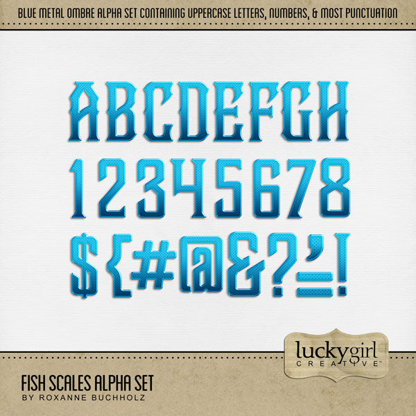 Add these fun, ombre blue letters, numbers, and punctuation by Lucky Girl Creative digital art to all your digital scrapbooking pages and mix-and-match them on various projects throughout the year! Great for beach, ocean, vacations to Hawaii or the Caribbean, mermaid parties, pool, swimming lessons, and summer! The Fish Scales Alpha Set consists of a full set of digital art uppercase alphabet letters A-Z, numbers 0-9, and most punctuation marks. This alpha set is available as individual embellishments only.